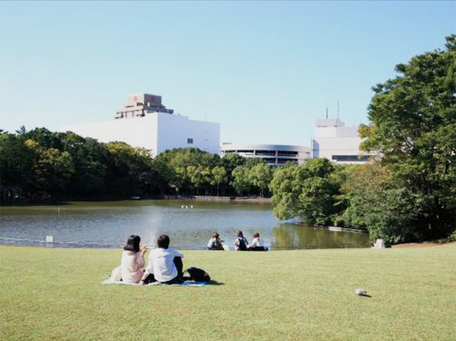 広々とした芝生広場で休憩する人々