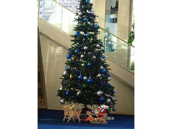 ブルーとシルバーの彩りが綺麗なクリスマスツリーの画像