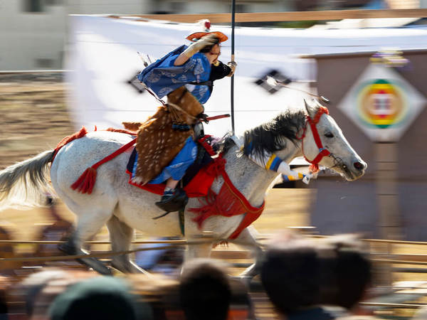 梅とともに楽しめる「流鏑馬」行事の画像