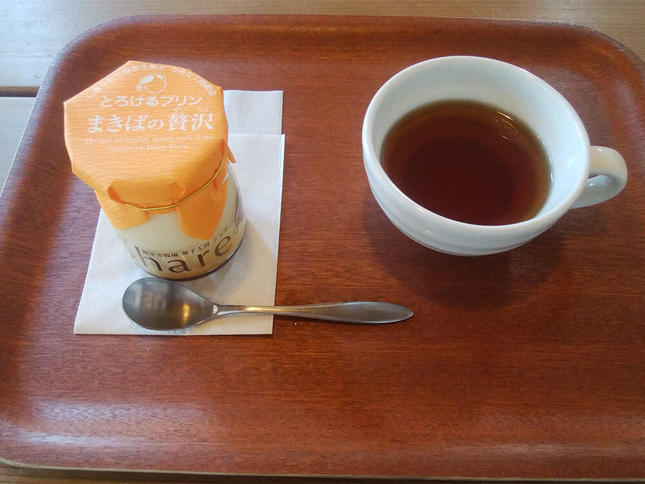 お盆に乗ったプリンとお茶