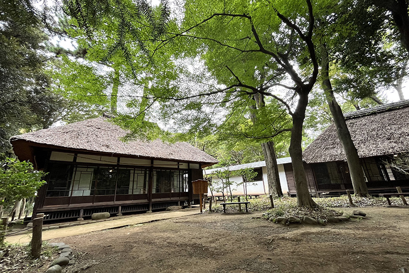 3つの家屋が中央にある白い壁面の廊下でつながっている